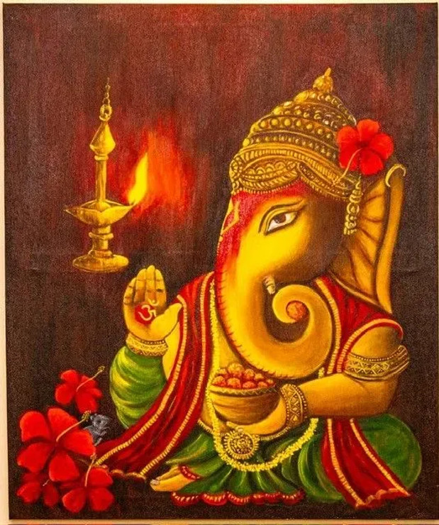Lord Ganesha - Elephant God - Symbol Of Wisdom (ART-16110-105602) - Handpainted Art Painting - 30in X 36in