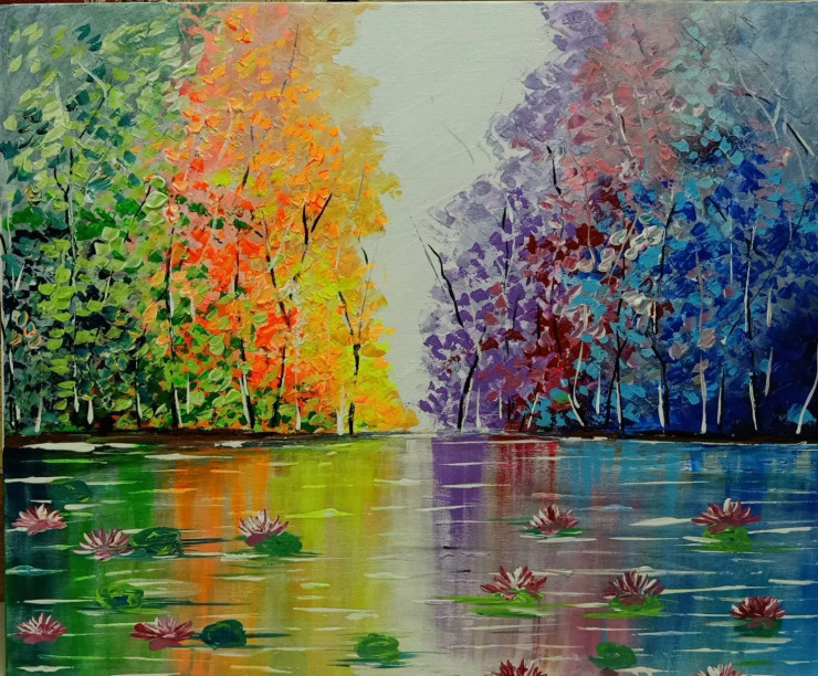 Landscape-River In The Colorful Forest (ART-7381-105624) - Handpainted Art Painting - 30in X 24in