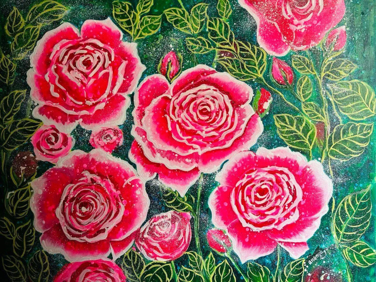 The Lovely Pink Roses (ART-7381-105625) - Handpainted Art Painting - 30in X 24in