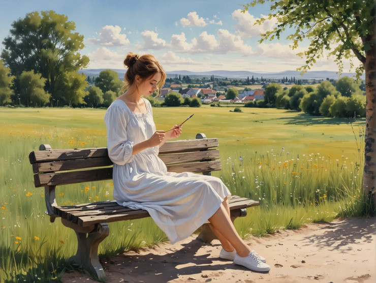 Woman On Bench (PRT-8991-105714) - Canvas Art Print - 60in X 45in