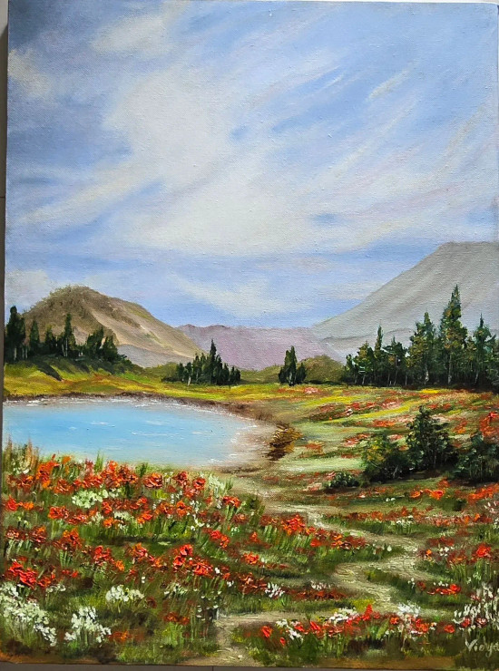 Blooming Peonis Adjacent To A Lake (ART-7993-105731) - Handpainted Art Painting - 18in X 24in