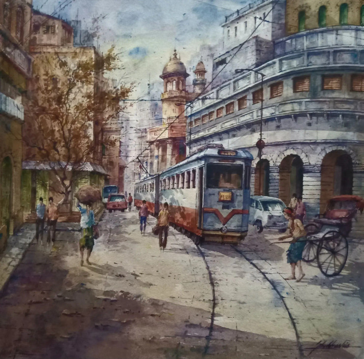 Tram In Kolkata-3 (ART-5995-105722) - Handpainted Art Painting - 22in X 22in