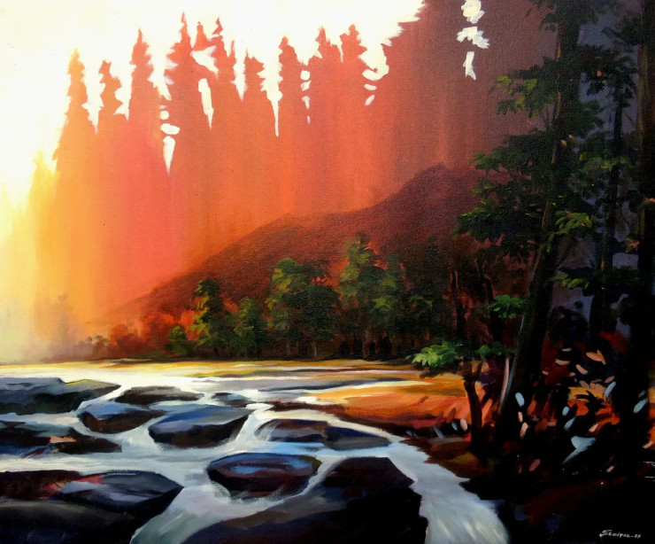 Mountain Forest $ River At Sunset (ART-1232-105747) - Handpainted Art Painting - 36in X 29in