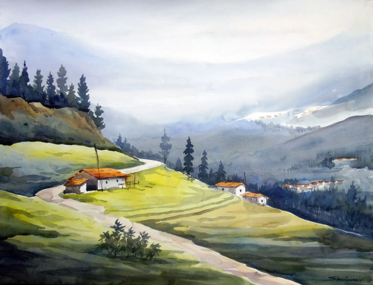 Himalaya Mountain Landscape (ART-1232-105767) - Handpainted Art Painting - 28in X 20in