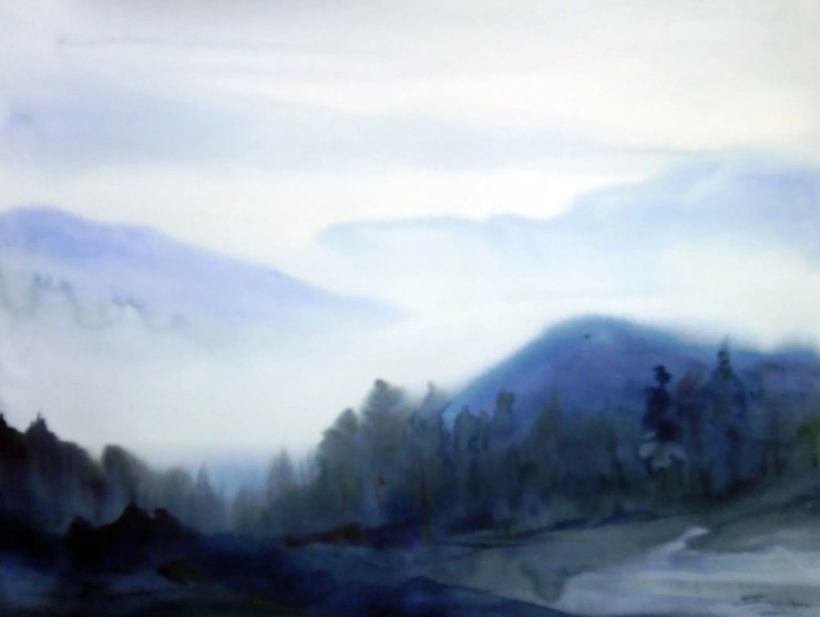 Cloudy Foggy Himalaya Landscape (ART-1232-105765) - Handpainted Art Painting - 24in X 20in