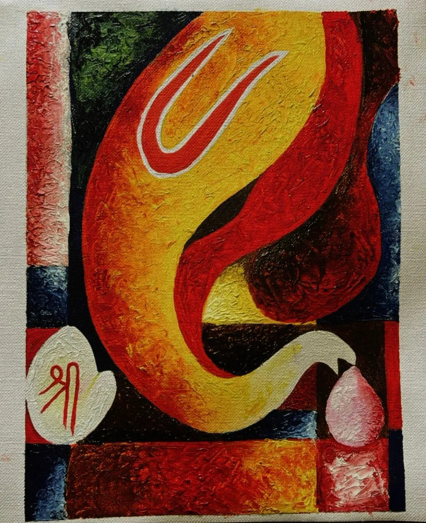Ganesh Knife Hand Painting (ART-16136-105815) - Handpainted Art Painting - 10in X 12in
