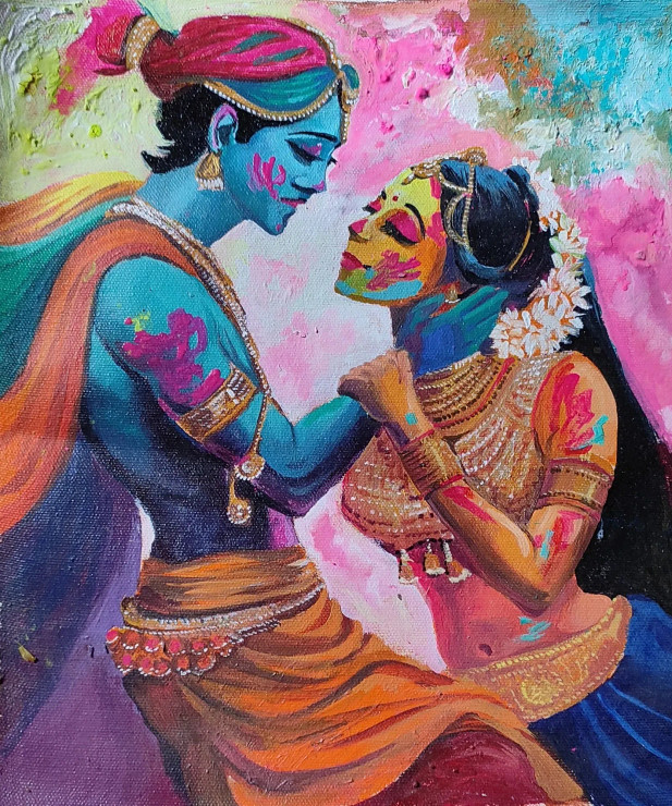 Krishna Play Holi With Radha (ART-7901-105908) - Handpainted Art Painting - 10in X 12in