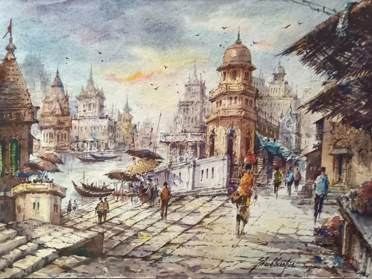 The Benaras Ghat-3 (ART-5995-106035) - Handpainted Art Painting - 15in X 11in