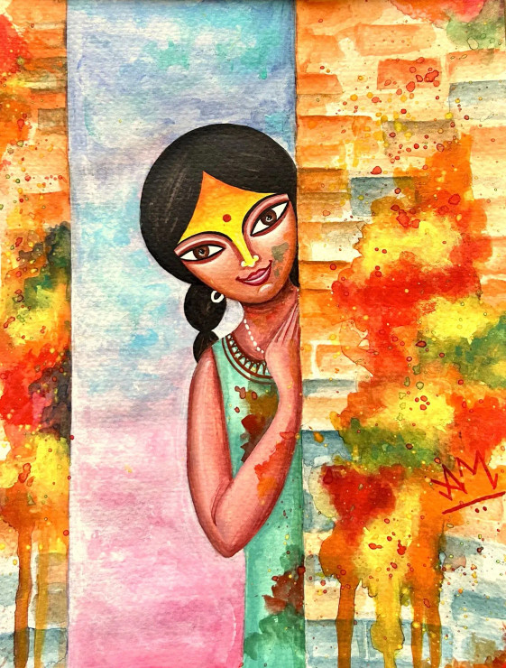 Little Indian Girl Playing Holi (ART-7998-105999) - Handpainted Art Painting - 8in X 11in