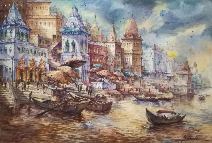 The Beauty Of Benaras-5 (ART-5995-106022) - Handpainted Art Painting - 22in X 15in