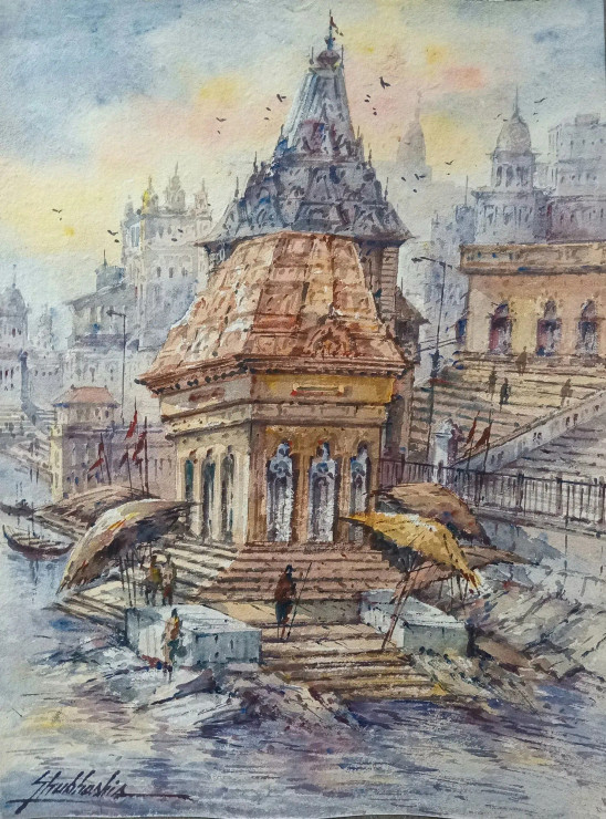 Benaras Ghat-6 (ART-5995-106044) - Handpainted Art Painting - 11in X 15in