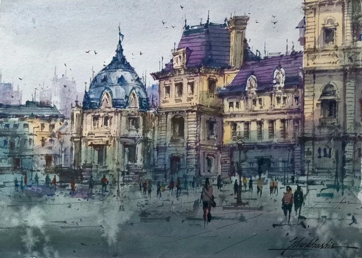 Cityscape-4 (ART-5995-106033) - Handpainted Art Painting - 15in X 11in