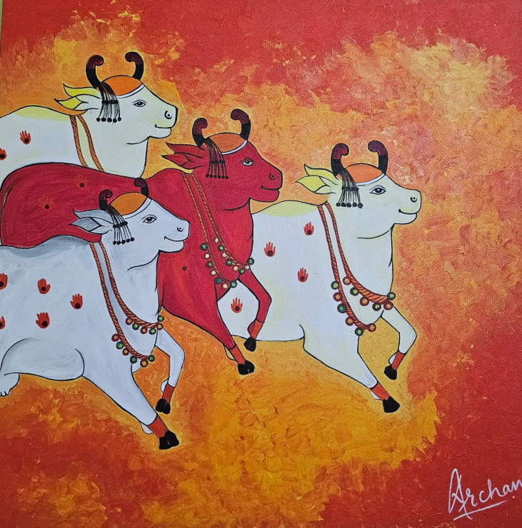 Pichwai Cows (ART-8990-106175) - Handpainted Art Painting - 30in X 30in
