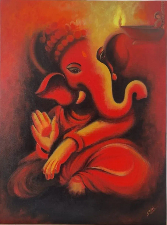 Divine Ganesha (ART-8916-106145) - Handpainted Art Painting - 18in X 24in