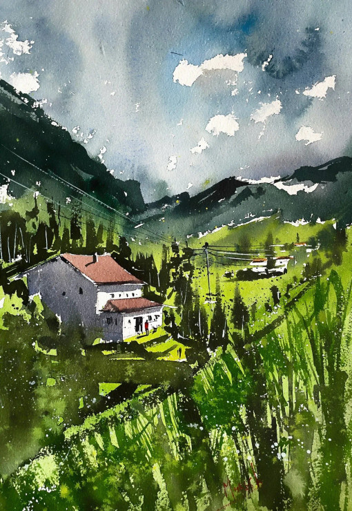 Village Hut (ART-8987-106222) - Handpainted Art Painting - 10in X 15in