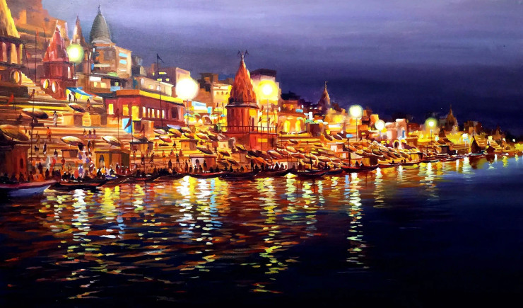 Beauty Of Evening Varanasi Ghats (ART-1232-106282) - Handpainted Art Painting - 48in X 30in