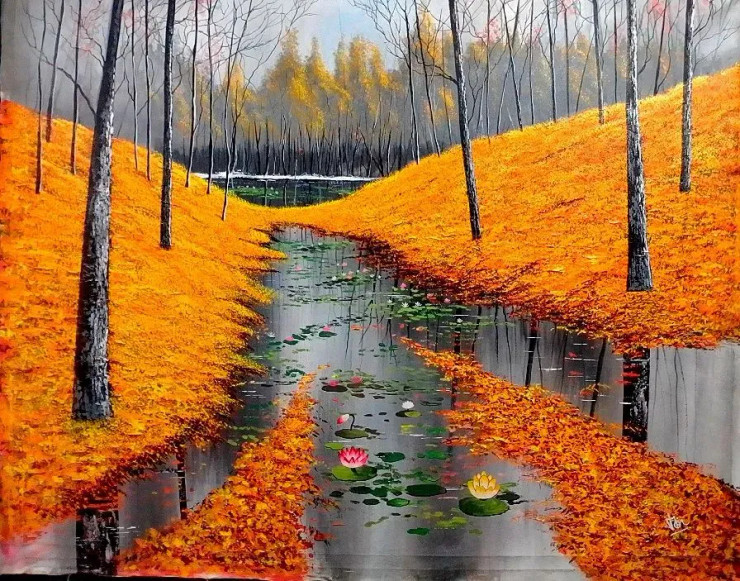 Saffron Lake (ART-5868-106366) - Handpainted Art Painting - 48in X 38in