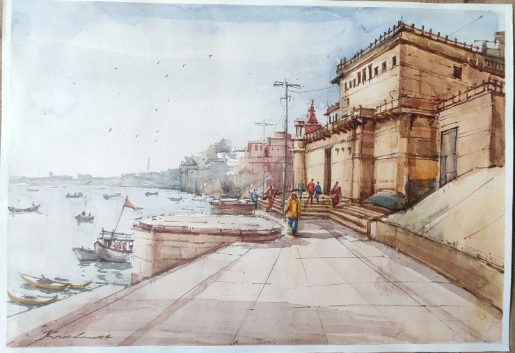 Banarasghat Painting (Live, Original Painting) (ART-8303-106301) - Handpainted Art Painting - 20in X 14in
