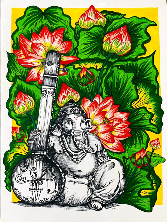 GANPATI (ART-16281-106381) - Handpainted Art Painting - 12in X 16in