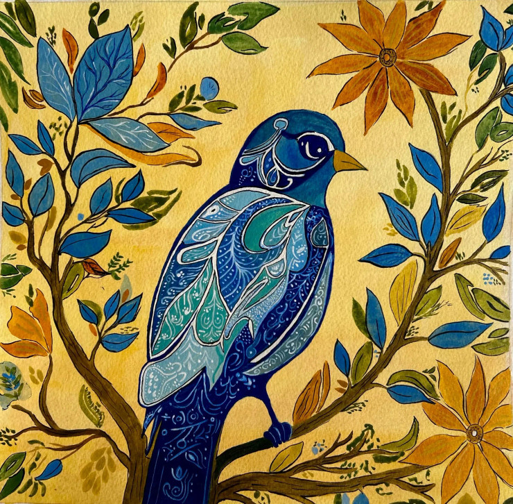Elegance In Every Feather: A Blue Bird Surrounded By A Lush, Colorful Botanical Scene (ART-16264-106435) - Handpainted Art Painting - 13in X 13in