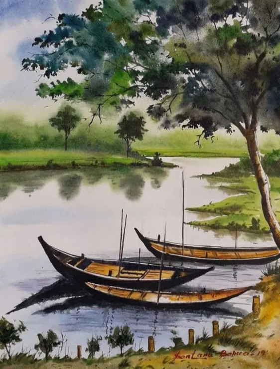 Villages River (ART-16222-106547) - Handpainted Art Painting - 8in X 13in