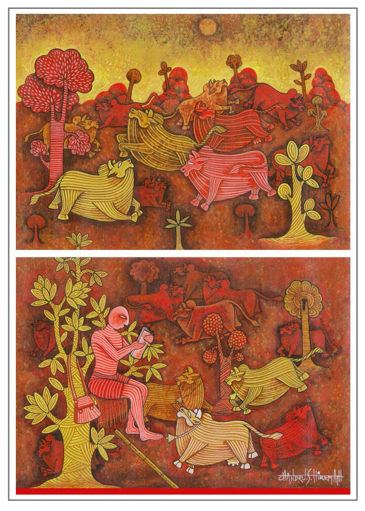 Cows And Buls (ART-16050-106001) - Handpainted Art Painting - 18in X 24in