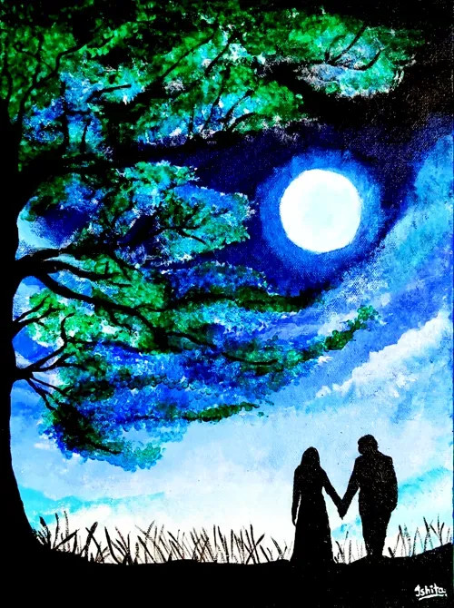 Buy Walk In The Moonlight - Romantic, Landscape, Night Painting