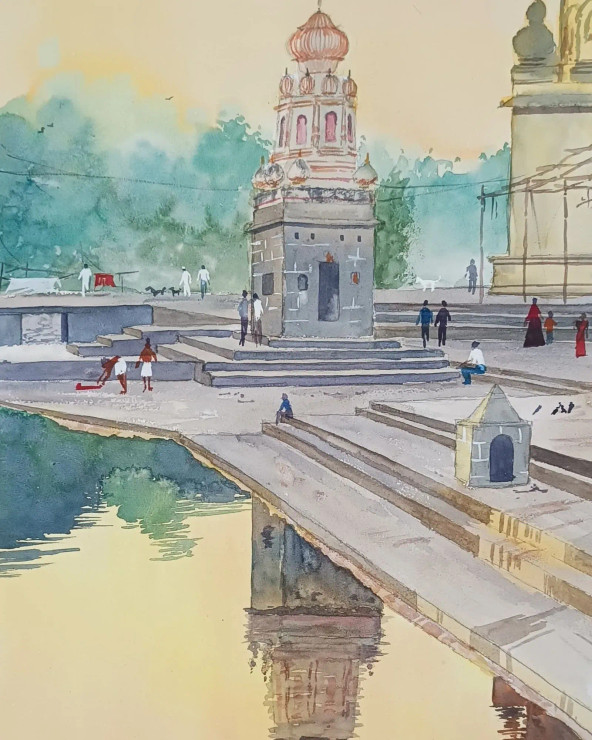 Lakeside Temple (ART-7362-106573) - Handpainted Art Painting - 13in X 19in