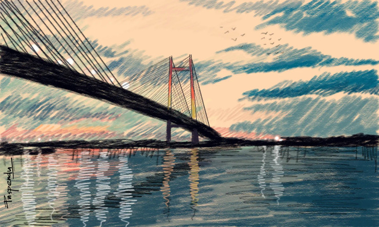 Kolkata Hooghly Bridge 1 (PRT-776-106604) - Canvas Art Print - 12in X 7in