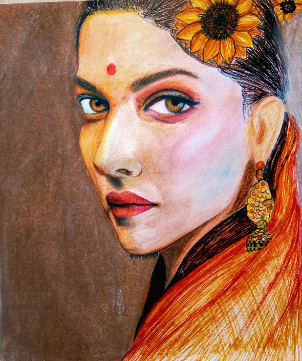 Beautiful Indian Lady (ART-15903-106716) - Handpainted Art Painting - 8in X 11in