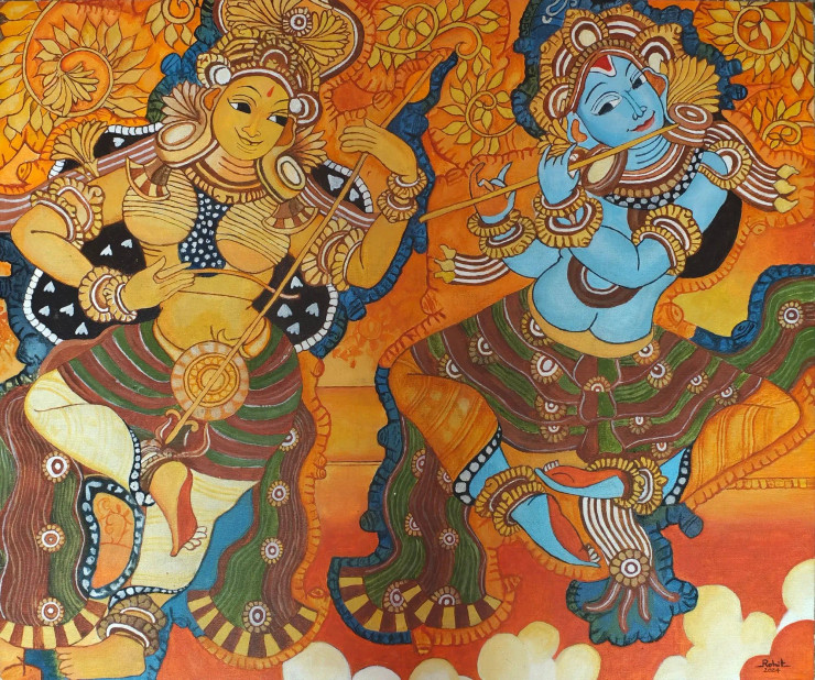 Krishnaleela Mural Painting (ART-16359-106717) - Handpainted Art Painting - 36in X 30in