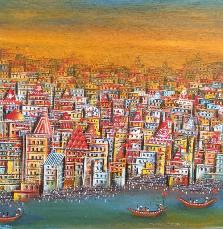 Banaras Ghat Painting (ART-8439-106844) - Handpainted Art Painting - 20in X 20in