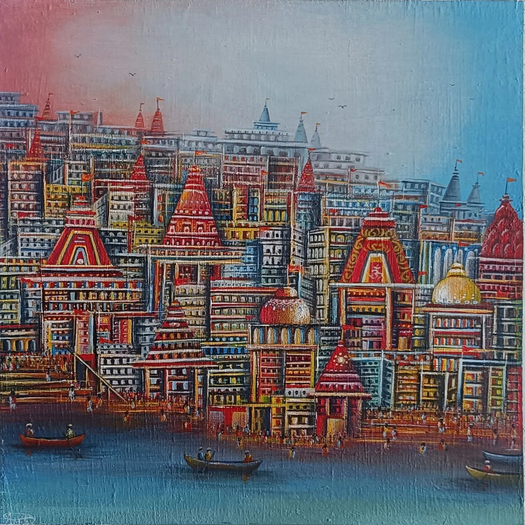 Varanasi Painting (ART-8439-106843) - Handpainted Art Painting - 20in X 20in