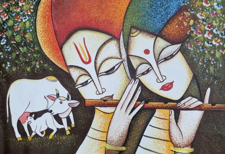 The Divine Radha Krishna Acrylic Painting (ART-3319-106872) - Handpainted Art Painting - 36in X 24in
