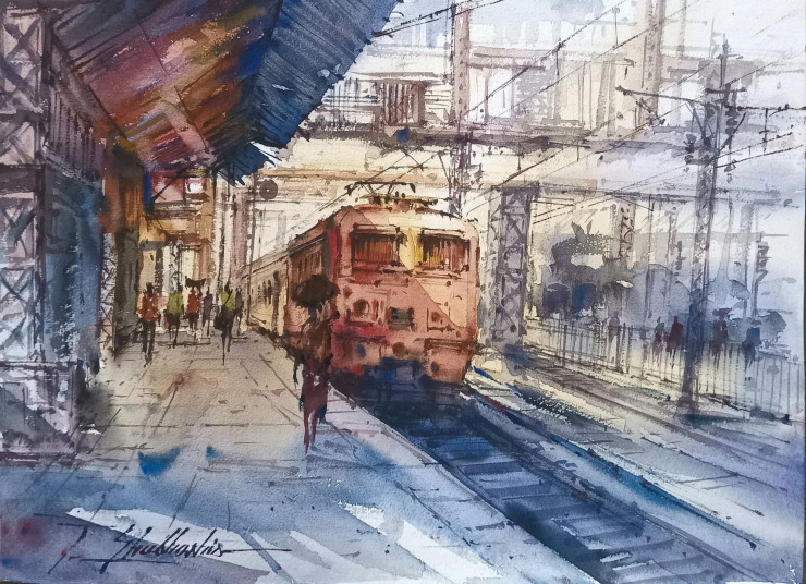 The Train (ART-5995-106947) - Handpainted Art Painting - 15in X 11in