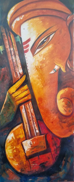 Ganesha Painting (ART-3319-106938) - Handpainted Art Painting - 12in X 30in