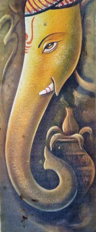 Ganesha Painting- Musical6 (ART-3319-106967) - Handpainted Art Painting - 12in X 30in