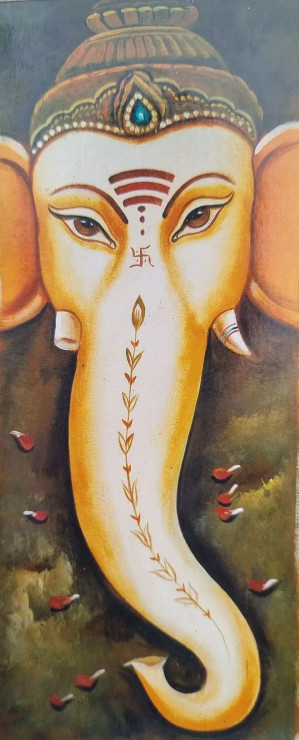 Ganesha Painting- Musical10 (ART-3319-106971) - Handpainted Art Painting - 12in X 30in