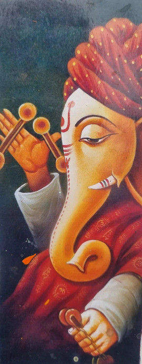 Ganesha Painting- Musical4 (ART-3319-106952) - Handpainted Art Painting - 12in X 30in