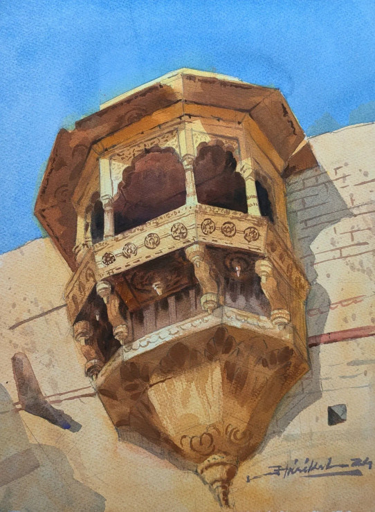Golden Hawali (ART-16362-106953) - Handpainted Art Painting - 11in X 16in