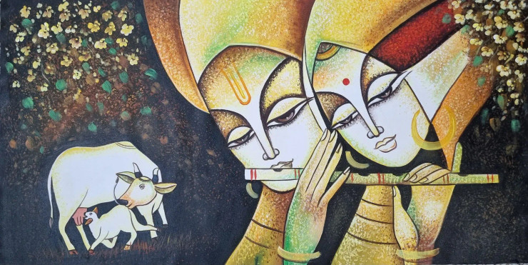 Radha Krishna Painting (ART-3319-107076) - Handpainted Art Painting - 48in X 24in