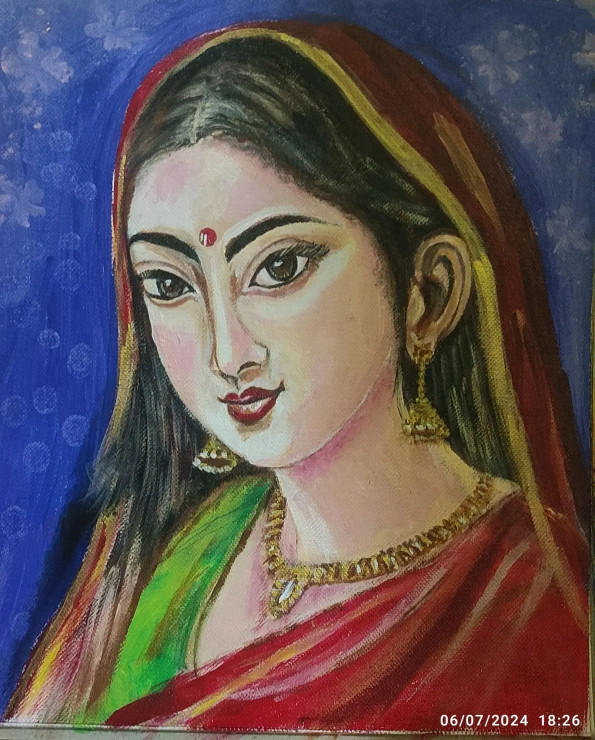 Indian Lady (ART-16164-107073) - Handpainted Art Painting - 10in X 12in