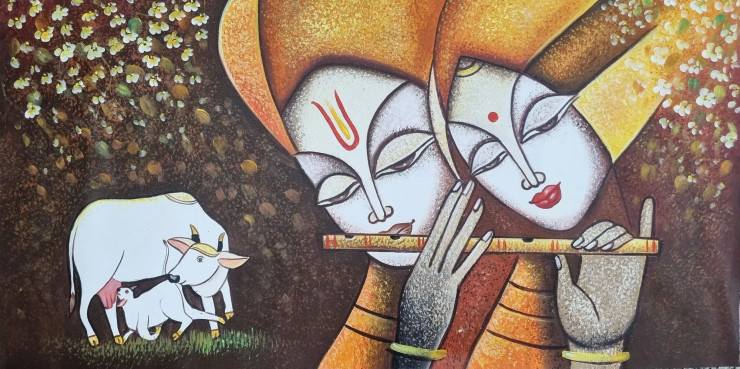 Radha Krishna Painting (ART-3319-107043) - Handpainted Art Painting - 48in X 24in