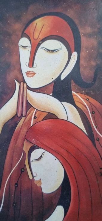 Radha Krishna Painting (ART-3319-107285) - Handpainted Art Painting - 12in X 30in