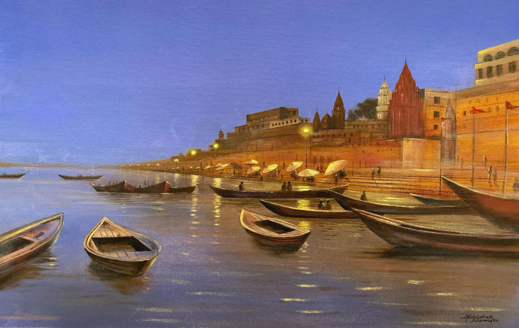 Banaras Ghat (ART-3512-107300) - Handpainted Art Painting - 24in X 15in