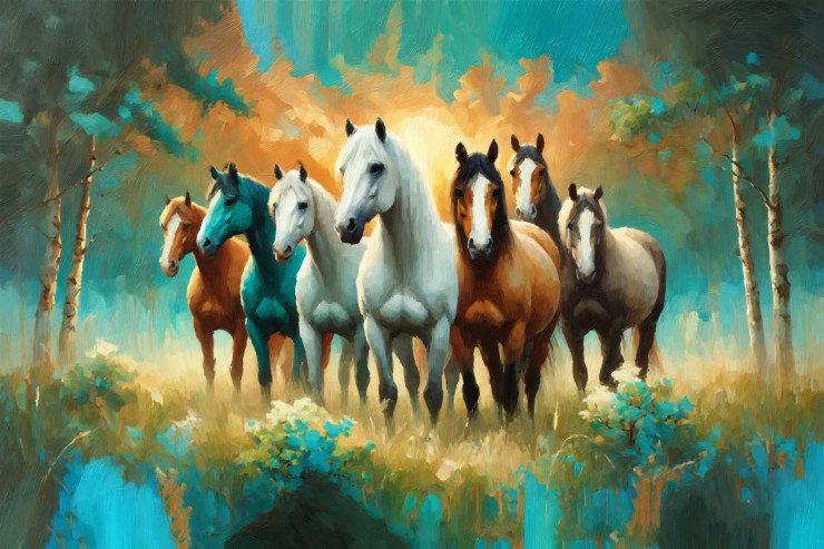 The Majestic Seven Horses Of The Sun In Fiery Glory (PRT-15697-106890) - Canvas Art Print - 60in X 40in