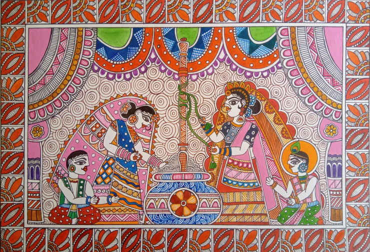 Krishna Balaram Makhan Leela (ART-16171-107656) - Handpainted Art Painting - 11in X 8in