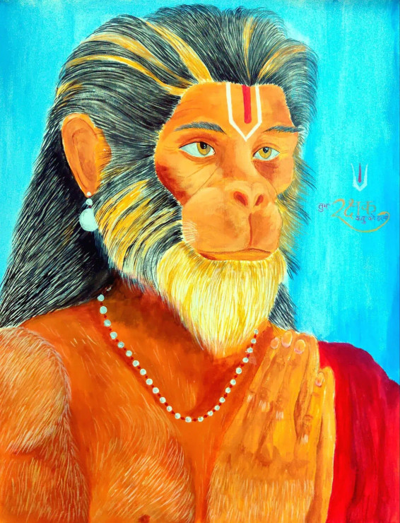 Bajrang Bali - तुम रक्षक काहू को डरना (ART-16496-107617) - Handpainted Art Painting - 18in X 24in