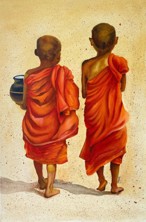 Two Child Monks Walking Towards Enlightenment (ART-16480-107703) - Handpainted Art Painting - 24in X 36in