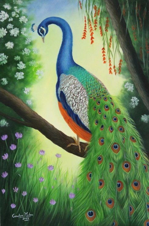 Peacock In Forest (ART-976-107806) - Handpainted Art Painting - 24in X 36in
